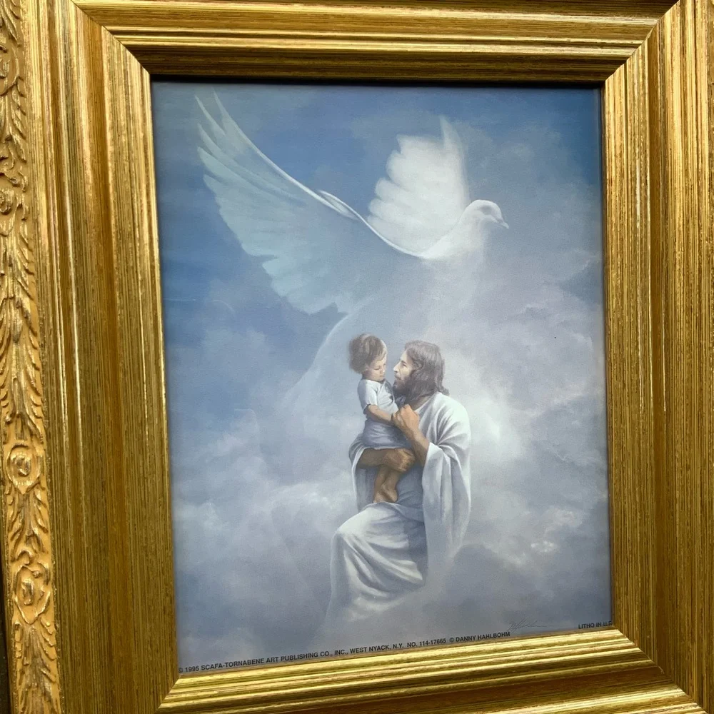 Vintage Danny Hahlbohm 1995 Litho Print Rare Jesus Child Dove Gold Ornate Frame